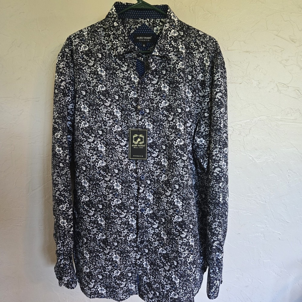 Alex Vando Premium Mens Button Up XL Floral Print Black White Corpcore Polished